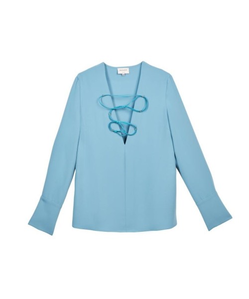  V-neck loose cut blouse with leather detail 