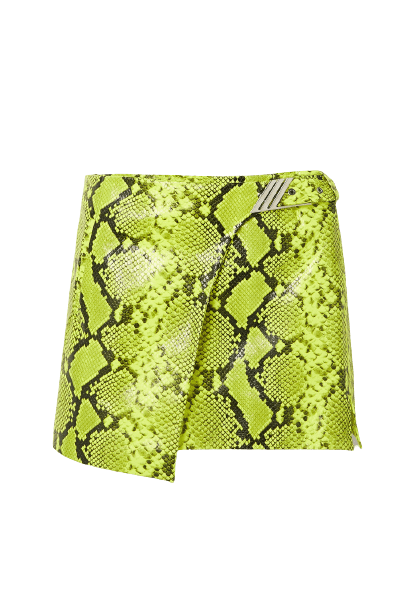  Neon snake-effect leather wrap mini skirt 