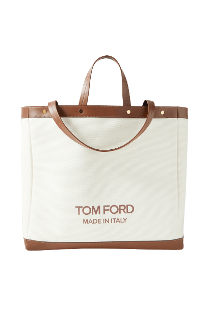  T Screw Shopper medium leather-trimmed canvas tote 