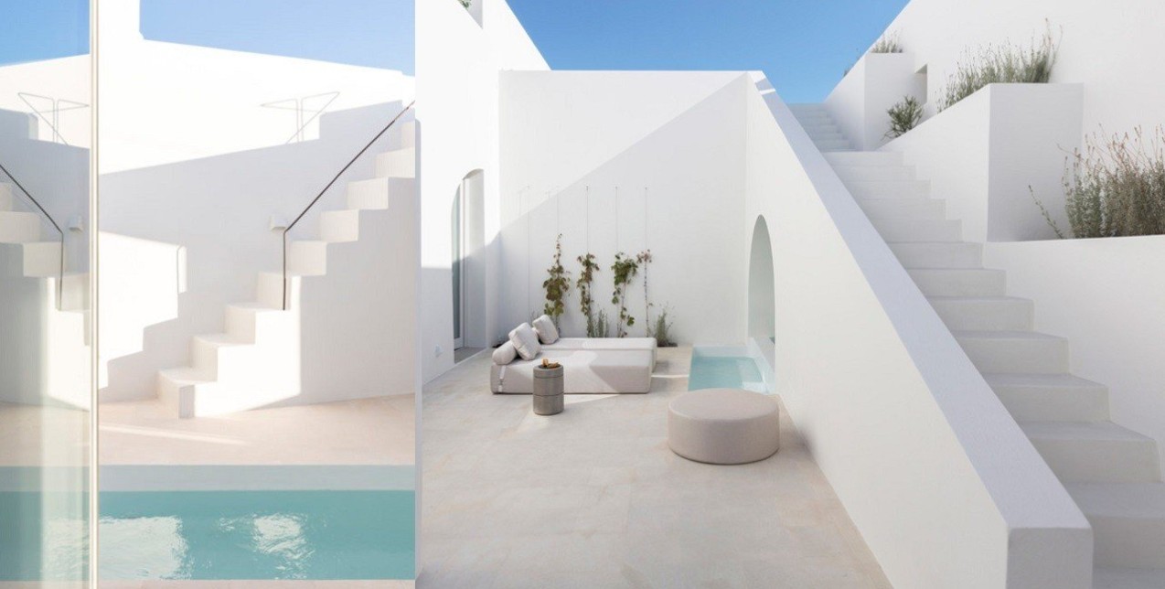 Περιηγηθείτε σε δυο καλοκαιρινές κατοικίες στη Σαντορίνη με μαγευτική θέα στο απέραντο γαλάζιο της θάλασσας
